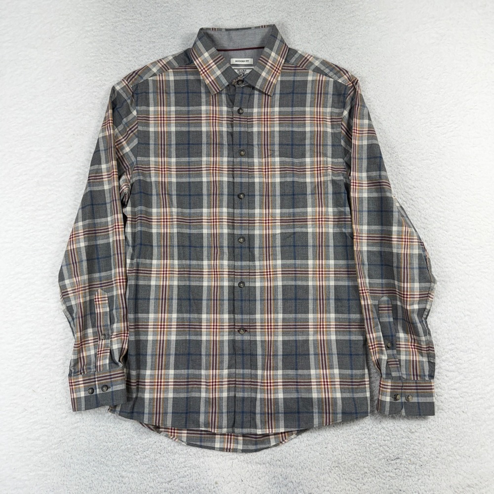 Jos A Bank Shirt Mens Medium Grey Plaid Button Up 1905 Modern Fit Casual Cotton